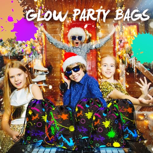 Yiyiring 16 Pcs Glow In The Dark Gift Bags Neon Treat Drawstring Bags Party Supplies for Light Birthday Party Travel Camping Supplies Decorations (Glow) - style: Glow