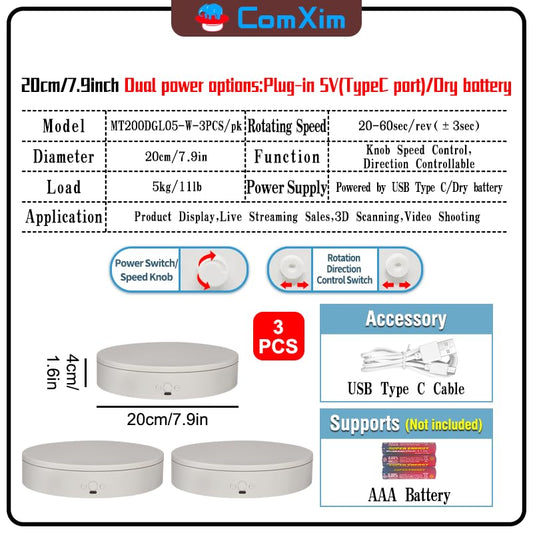 Rotating Display Stand Easy to Switch Direction, Adjustable Speed, Used for Product Display, Jewelry, Shoes Shooting and Display (7.87inch/White/(3PCS per pack)) - color: 7.87inch/White/(3PCS per pack)