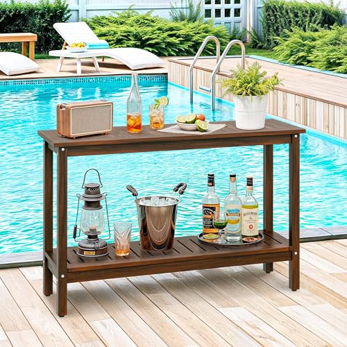 SUPER DEAL All-Weather Patio Bar Table Entry Console Table, 2-Shelf 48 inch Solid Wood Indoor Outdoor Multifunctional Buffet Storage Organizer with Adjustable Feet, Espresso - color: Espresso