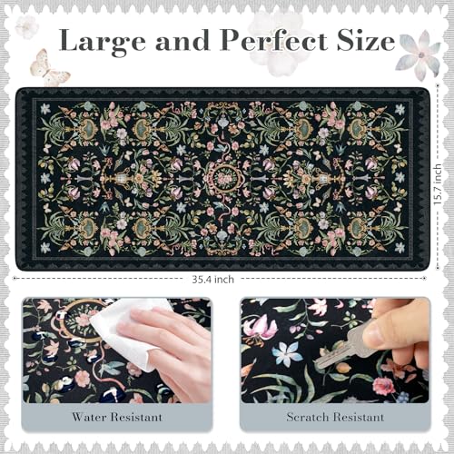 HAOCOO Elegant Floral Desk Mat, Vintage Aesthetic Mouse Pad Black, Flower Plant Extended Desk Cover Mat, 35.4" x 15.7" Non-Slip Computer Pad, Waterproof Desktop Protector for Office, Home, School - color: Black, size: 35.4" x 15.7"