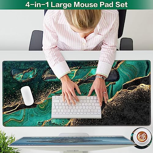 Mouse Pad Green, Desk Mat, Large Gaming Mouse Pad with Wrist Rest, 4in1 XXL Mousepad+Keyboard Wrist Rest+Mouse Pad Wrist Support+Cup Coaster Set Ergonomic Computer Desk Pad for Decor Office Women - color: Dark Green Marble