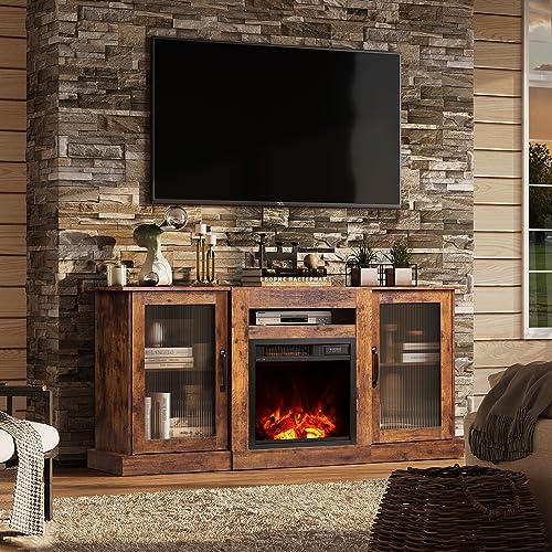 WLIVE Fireplace TV Stand for 65" TV, Entertainment Center with 3D Realistic Flame Electric Fireplace, TV Console with Open Shelves for Living Room, Rustic Brown - color: Rustic Brown, size: 58'' Fireplace TV Stand