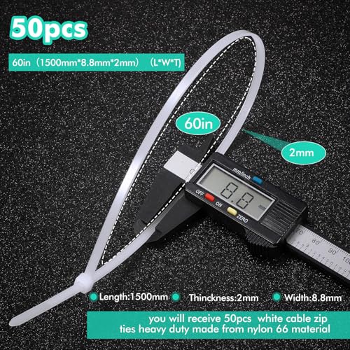 Shappy 60 Inch 50 Pcs Zip Ties Heavy Duty Strong Large Cable Wire Ties Zip Industrial Sturdy Wire, Awnings Tying Branches Bundling of Crops Fixed Water Pipes (White) - color: White, size: 60 inch