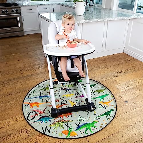Splat Mat for Baby – Under High Chair Floor Mat Protects Wood, Vinyl and Carpet from Spills – Waterproof 4 Layer Baby Mat Bundle with Waterproof Matching Smock (51” x 51”) - color: Dinosaur Alphabet Grey