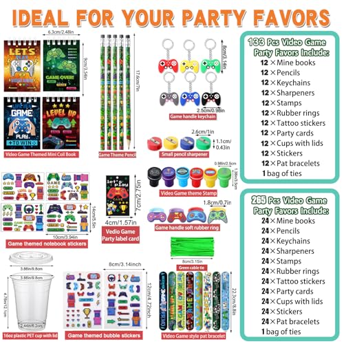 RoundFunny 133 Pcs Video Game Party Favors Gamer Birthday Party Decorations Gamer Cups Notebook Pencils Sharpener Keychain Slap Bracelets Ring Stamp Sticker for Gaming Supplies Reward Gift