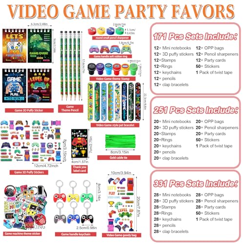 Sayglossy 331 Pcs Video Game Party Favors Set Includes Gift Bags Pencils Notebook Sharpener Slap Bracelets Rings Keychains 3D Puffy Stickers Stamper Gamer Party Favors Birthday (Classic) - style: Classic