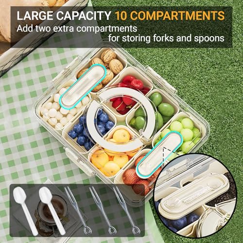 Large Divided Serving Tray with lid and handle Travel snack container Portable snackle box container for fruit, Party, Picnic -10 compartment with 3 forks and 2 spoons