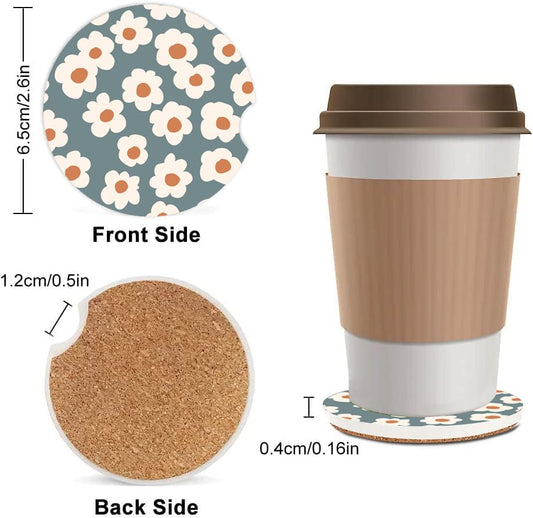 Absorbent Car Cupholder Coaster 2 Pack, Cute Car Coasters with a Finger Notch for Women & Men,2.56" Ceramic Stone & Non-Scratch Cork Base Drink Coasters Car Accessories Gifts (Cute Daisies) - color: Cute Daisies