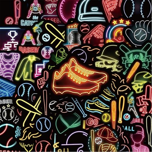 KumCinn 50Pcs Baseball Neon Style Stickers, Reusable Waterproof Vinyl Decals, Wall-Safe for Game Room, Man Cave, Baseball Party, Laptop, Water Bottle & Skateboard - style: Neon Baseball