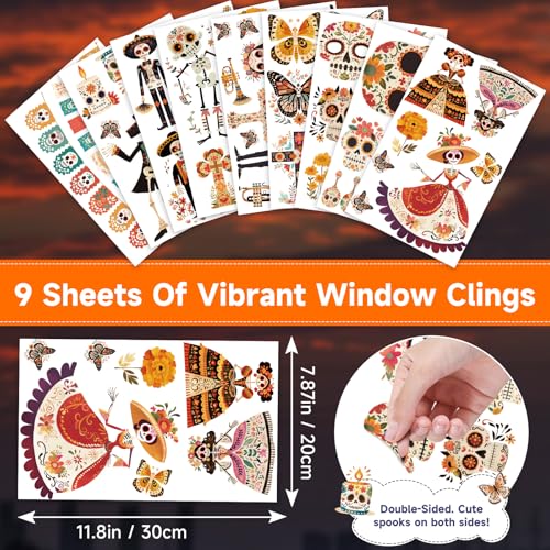 Halloween Window Clings for Glass Windows, Dia de Los Muertos Decorations | 9 Sheets Day Of The Dead Window Stickers, Mexican Fiesta Holiday Party Decor Indoor with Sugar Skull, Skeleton Musical Decals - color: Día De Muertos