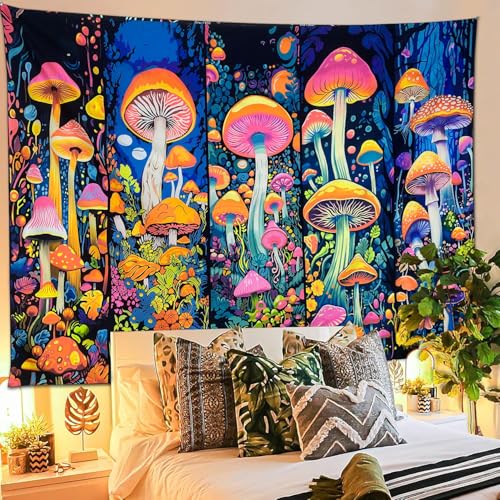 Blacklight Mushroom Tapestry Flower Plant Wall Hanging, UV Reactive Tapestries Glow in The Dark Tapestry, Hippie Wall Hanging for Bedroom Trippy Room Decor (51" x 59") - color: Colored mushroom, size: 59"L x 51"W