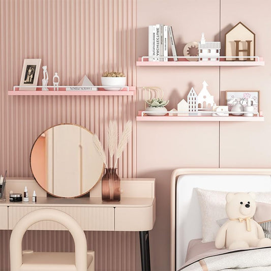 RYOFOBETTO 22 inches Long Floating Shelves, Bathroom Decor Shelves Over Toilet, Farmhouse Wall Shelves for Living Room, Bedroom, Picture Frames, Plants, Kitchen, Set of 3 (Pink and White) - color: Pink and White, size: 22"