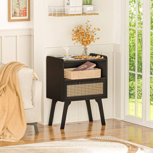 Lerliuo Rattan Nightstand, Bedside Table with Drawer Open Shelf, Cane Accent Side End Table with Solid Wood Legs, Black Mid Century Night Stand for Bedroom, Dorm and Small Spaces - color: Black With Natural, size: 1 pack