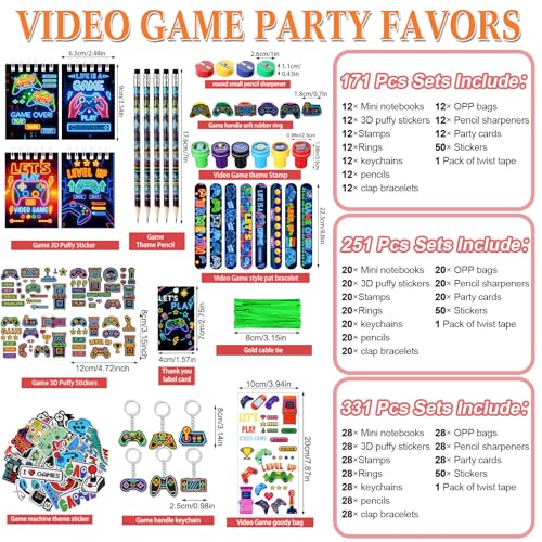 Sayglossy 331 Pcs Video Game Party Favors Set Includes Gift Bags Pencils Notebook Sharpener Slap Bracelets Rings Keychains 3D Puffy Stickers Stamper Gamer Party Favors Birthday (Neon) - style: Neon