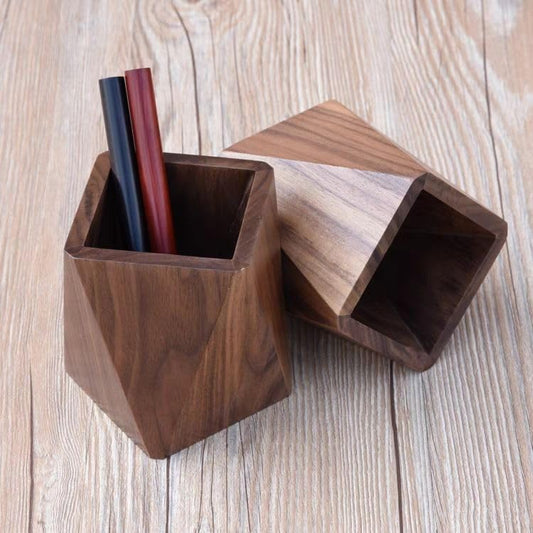 Wooden Pen Holder for Desk, Multi-Functional Pen Cup Pencil Holder for Office School Supplies Storage, Black Walnut Desk Organizer and Accessories(Prismatic) - style: Prismatic