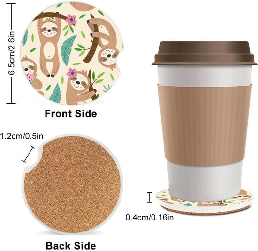 Absorbent Car Cupholder Coaster 2 Pack, Cute Car Coasters with a Finger Notch for Women & Men,2.56" Ceramic Stone & Non-Scratch Cork Base Drink Coasters, Cute Car Accessories Gifts (Cute Sloth) - color: Cute Sloth