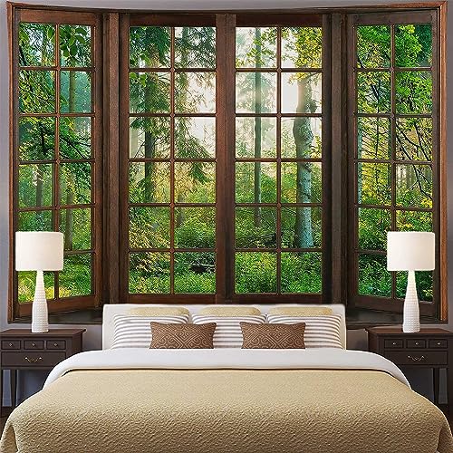 Aidatain Green Forest Natural Tapestry Window Scenery Wall Aesthetic Tapestry for Bedroom Flannel 80" L X 60" W Beach Blanket Living Dinning Room College Dorm Wall Hanging GTDJAT0052 - size: 80"L x 60"W