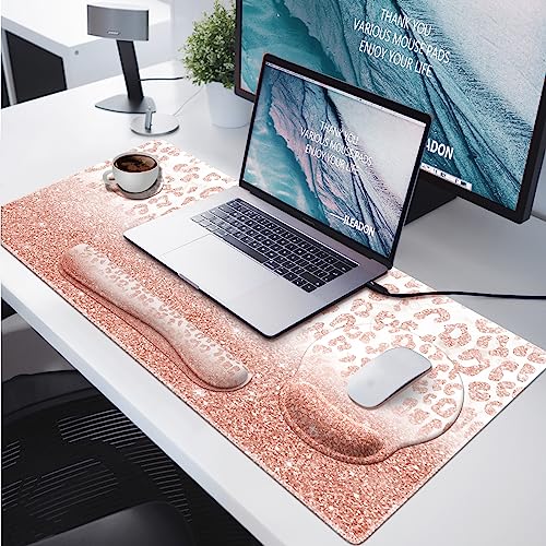 iLeadon Mouse Pad Set, Desk Mat + Mouse Pad with Wrist Rest + Keyboard Wrist Rest + Coaster, 4in1 Glitter Leopard Mouse and Keyboard Pad Set for Home Office, Pink Rose Gold Leopard - color: Pink Rose