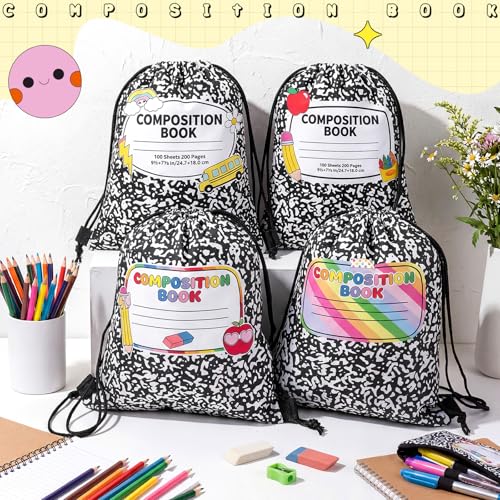 Yiyiring 16 Pcs Teacher Appreciation Drawstring Gift Bags, 12 x 10'' Composition Book Bag with 4 School Themed Designs Apples Pencils Gift Bags for Teacher End of Year Graduation Party (Composition) - style: Composition