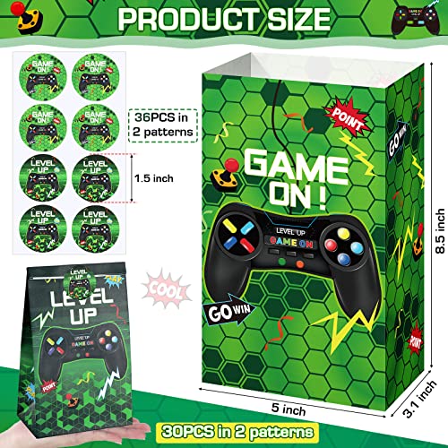 Geosar 30 Pack Video Game Party Favor Paper Bags Game on Goodie Candy Gift Bags with 30 Stickers Level up Reusable Goodie Treat Snacks Supplies for Boys Kids Gaming Birthday Party(Green) - color: Green