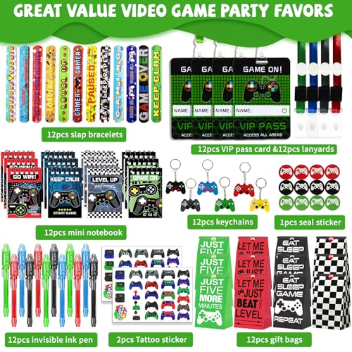 146 Pcs Video Game Party Favors, Gamer Party Favor -Ink Pen Notebook VIP Passes with Lanyards Slap Bracelets Keychains Bags Tattoo Stickers for Kids Gaming Party Favors Game On Birthday Partys Favor - style: Video Favor