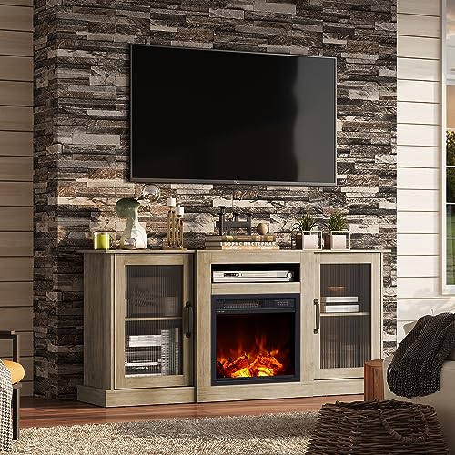 WLIVE Fireplace TV Stand for 65" TV, Entertainment Center with 18 Inch Electric Fireplace, TV Console with Open Shelves for Living Room and Bedroom, Greige - color: Greige, size: 58'' Fireplace TV Stand