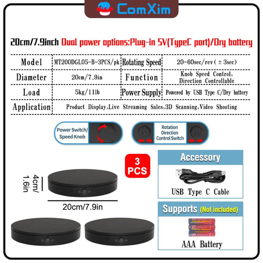 Rotating Display Stand Easy to Switch Direction, Adjustable Speed, Used for Product Display, Jewelry, Shoes Shooting and Display (7.87inch/Black/(3PCS per pack)) - color: 7.87inch/Black/(3PCS per pack)