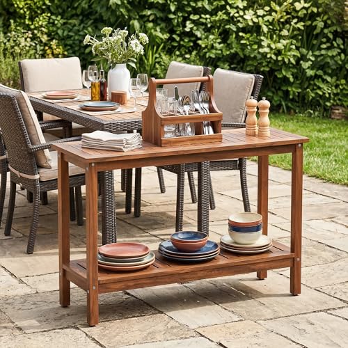 SUPER DEAL 2-Tier Solid Wood Side Table, Outdoor Console Table with Storage Shelf, Adjustable Feet Buffet Bar Organizer for Patio Porch, All-Weather Natural - color: Natural