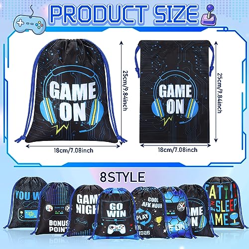 Faccito 16 Pieces Video Game Party Favors Bags 7 x 9.8 Inch Gaming Party Drawstring Bags Bulk Game Theme Goodie Candy Treat Gift for Boys Girls Birthday Supplies, 8 Styles(Blue)