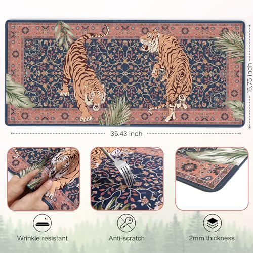 Tiger Desk Matt for Desktop, Floral Gaming Cute Desk Mat, Non Slip Keyboard and Mouse Pad, Stitched Edges Large Desk Pad, Desk Mat for Home Office 35.4 x 15.7 Inches (Pink) - color: Multi/Pink