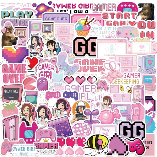 Uaitodee 100PCS Pink Game Stickers for Girls, 90s Gamer Girl, Video Game Kawaii for Kids Girls, Gamer Girl Gifts - style: Pink Game