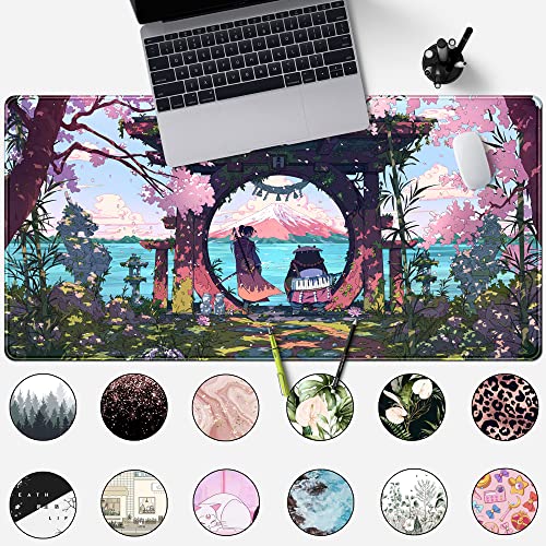 Pink Japan Desk Pad Anime Gaming Green Mouse Pad Large Mouse Pad For Desk Computer Pc Laptop Office Decor For Women, Anime Mouse Keyboard Pad Stitched Edges Non-Slip Rubber Mat Desk Pad (31.5x15.7 In) - color: Sakura Warrior