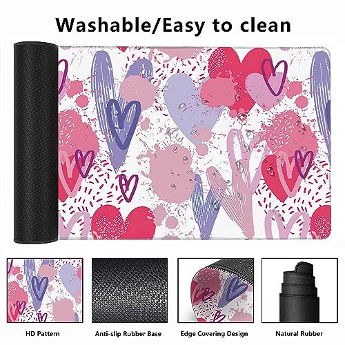 MIOAOSRT Desk Mat,Pink and Violet Hearts Gaming Mouse Pad,XXL Extended Mouse Pad Mat for Office,Computer,Keyboard with Non-Slip Base Stitched Eges Mousepad 35.4x15.75 inch - color: Pink and Violet Hearts