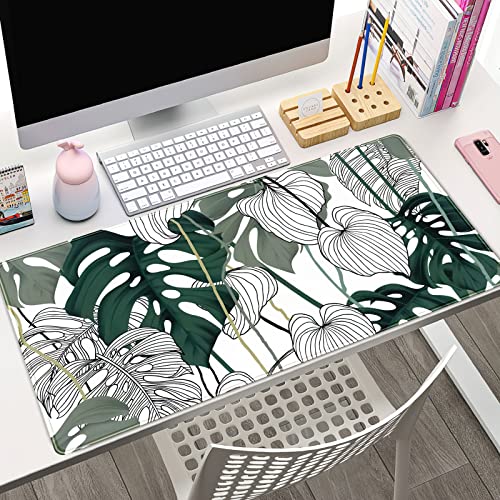 Desk Mat Green Plant Leaf Large Mouse Pad Desk Pad Tropical Boho Desk Accessories for Women Office Decor Laptop Keyboard Mouse Mat XXL Mousepad 31.5''X15.7'' Non-Slip Rubber Base with Stitched Edges - color: A Green Leaf