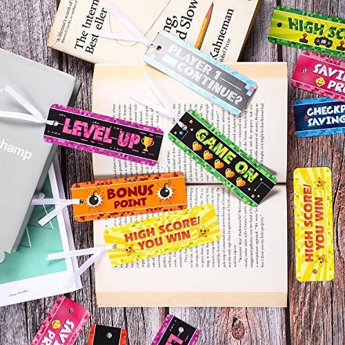 Outus 50 Video Game Bookmarks for Gamer Birthday Party, Pixelated Bookmarks for Pixelated Treat Bag Video Game Party Decoration Paper Tag Card Classroom Awards Teacher