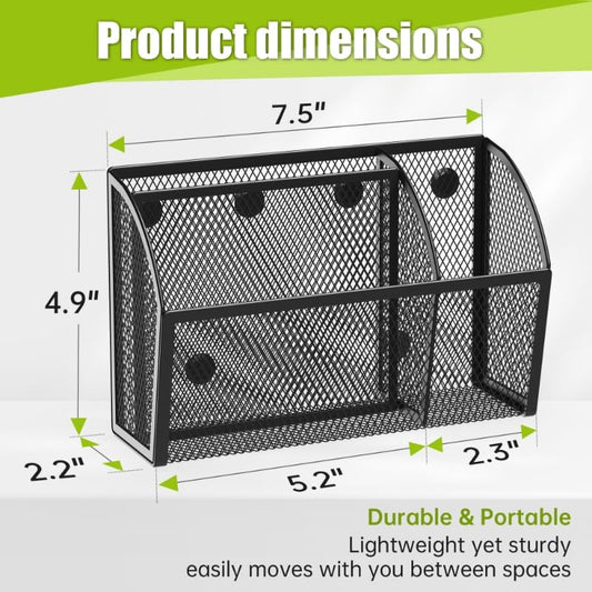 YINGHUA Magnetic Desk Organizer - 3 Compartment Metal Mesh Pen Holder for Locker, Whiteboard, Refrigerator, Office - Black Caddy - color: Black