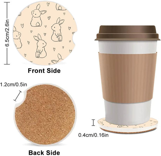 Absorbent Car Cupholder Coaster 2 Pack, Cute Car Coasters with a Finger Notch for Women & Men,2.56" Ceramic Stone & Non-Scratch Cork Base Drink Coasters, (Cute Rabbits) - color: Cute Rabbits