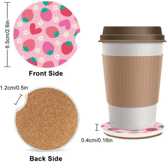 Absorbent Car Cupholder Coaster 2 Pack, Cute Car Coasters with a Finger Notch for Women & Men,2.56" Ceramic Stone & Non-Scratch Cork Base Drink Coasters (Cute Strawberries) - color: Cute Strawberries