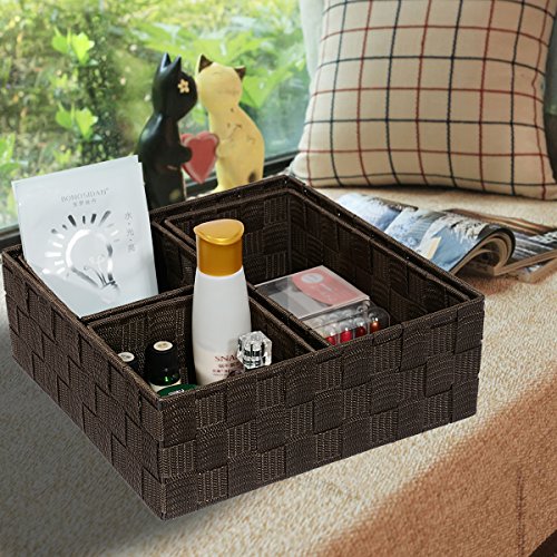 Posprica Woven Storage Baskets for Organizing, Small Baskets Cube Bin Container Tote Organizer Divider for Drawer, Closet, Shelf, Dresser, Set of 4(Brown) - color: Brown