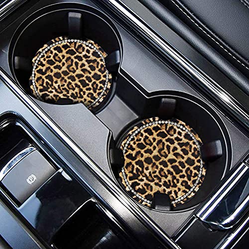 Leopard Print Bling Rhinestone Anti Slip Coasters - 2.75" Insert Suitable for Most Cars - 2PCS - color: Leopard