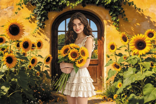 Sunflower Backdrop for Photography 5x3ft Vinyl Rustic Yellow Floral Garden Brown Wood Door Hello Summer Photo Background Banner Country Wedding Birthday Party Decorations Booth Props - color: garden, size: 5x3ft