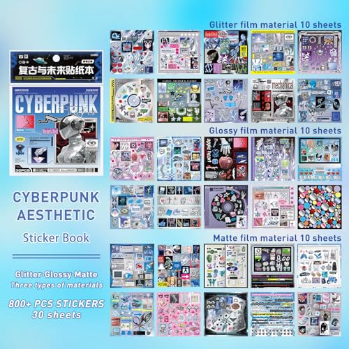 Sticker Book for Junk Journal Supplies, Cyberpunk Retro Futuristic 30 Sheets DIY Scrapbook Stickers with Glitter Glossy Matte Foil, 125x125mm Blue, for Scrapbooking Journaling - color: Blue Retro-futuristic
