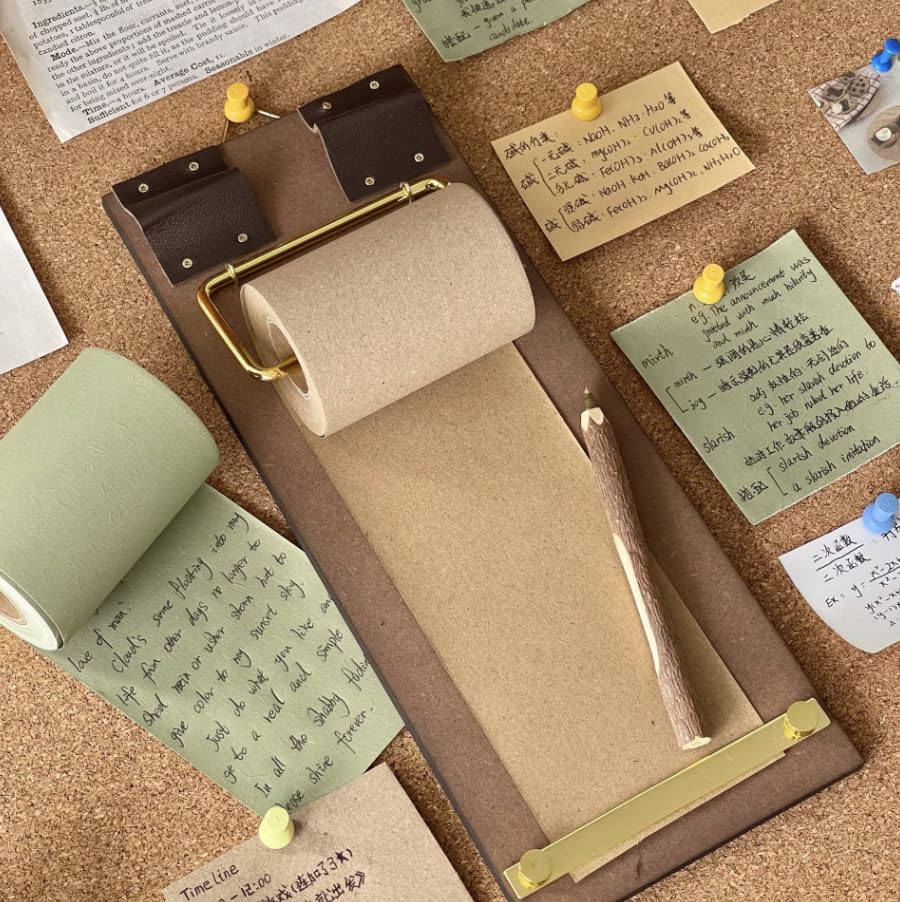 Rustic Hanging Memo Board with 1 Khaki Gray Paper Roll – Vintage Wall Mounted Clipboard Notepad, Tear-Off Writing Pad for Notes, Menu Display, Café, Restaurant, Home and Office - style: Khaki Gray Board + 1 Roll