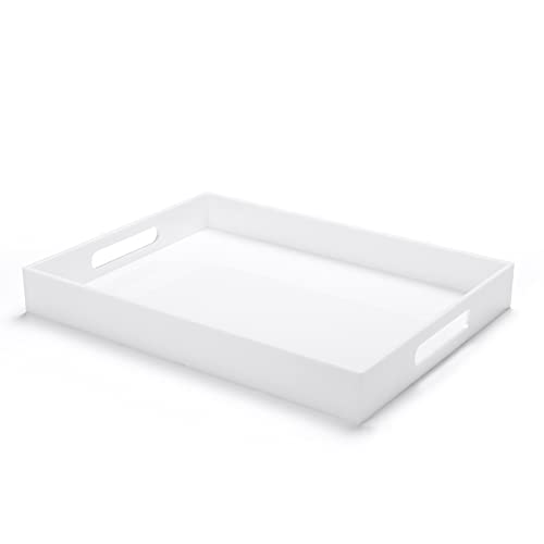 White Acrylic Large Ottoman Tray with Handles 16"x20"x2" Spill Proof Serving Tray Rubber Boot Organizer Tray Decorative for Living Room Bedroom Kitchen Entryway Coffee Table Countertop - color: White, size: 20" x 16" x 2"