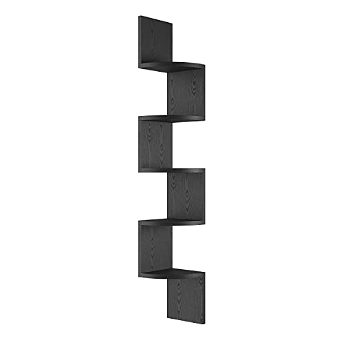 GREENDEW 5-Tier Wall Mount Radial Floating Corner Shelf, Wood Display Storage Shelves for Home Office Decor (Black)