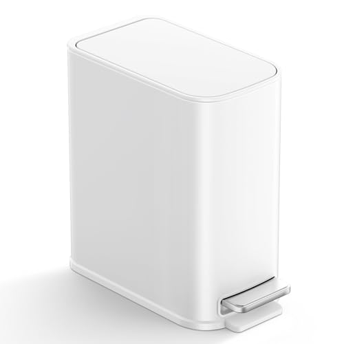 TIPGO Small Bathroom Trash Can with Lid Soft Close, Step Pedal, 1.3 Gallon / 5 Liter Stainless Steel Slim Garbage Can for Office, Diaper Waste Basket with Removable Inner Bucket (White) - color: White