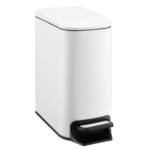 TIPGO Slim Bathroom Trash Can with Lid Soft Close, Step Pedal, 6 Liter / 1.6 Gallon Stainless Steel Garbage Can with Removable Inner Bucket, Anti-Fingerprint Finish (White) - color: White