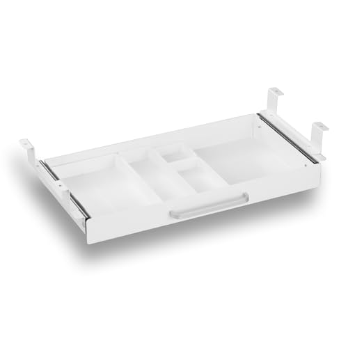 Under Desk Drawer White 21" with 4 Divider Trays, Under Shelf Pencil Drawer Pull-out, Standing Desk Metal Storage Attachment Slide Out for Workbench - color: White_Dual Mode