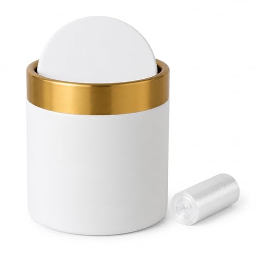 Mini Trash Can with Lid, Metal Small Tiny Mini Trash Bin Can, Mini Countertop Trash Cans for Desk Car Office Kitchen, Swing Top Trash Bin 1.5 L/0.40 Gal (White) - color: White