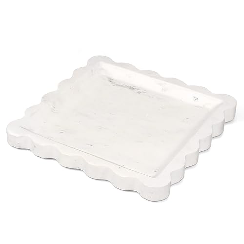 Square Marble Vanity Tray with Scalloped Edge - Natural Marble Perfume Tray Decor for Dresser, Vanity, Kitchen, Home Decor, Decorative Square Stone Tray - White 8 * 8 inch - color: White